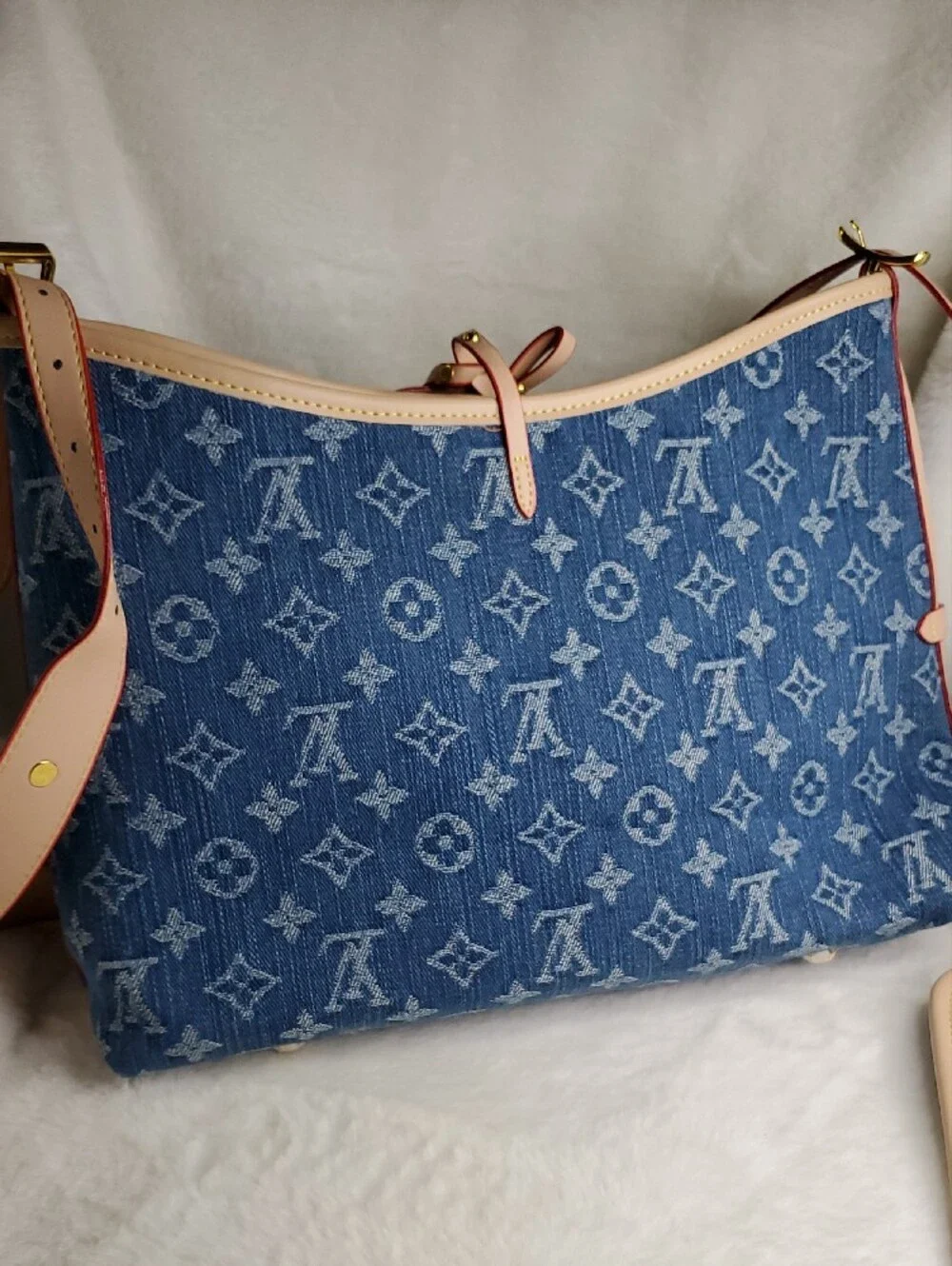 Blue Monogram Denim Shoulder Bag with Beige Trim